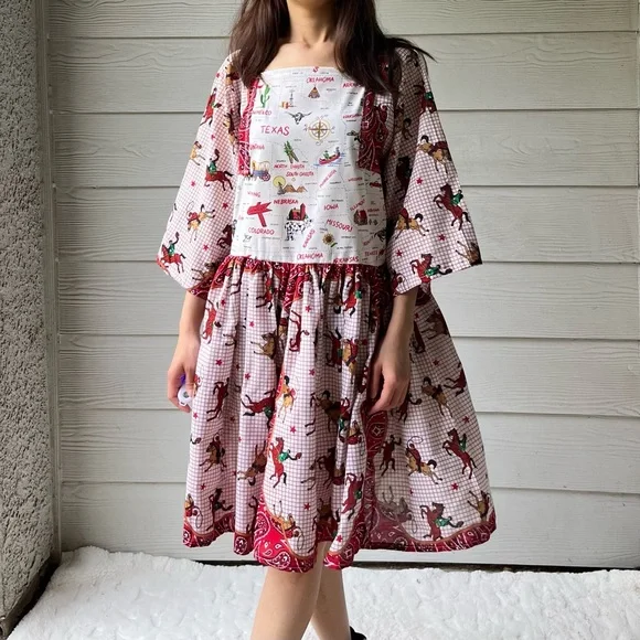 Western Rodeo | US Map | Handmade Bandana Dress SKU 05296 Red/Cowboy - Picture 12 of 16